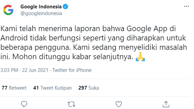 Posting Google Indonesia yang mendapat 'nyinyir' netizen karena dikirim lewat Twitter for iPhone. Foto: Screenshot Twitter