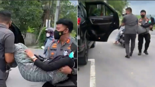 Tangkapan layar video aksi Kapolres Kulon Progo, AKBP Tartono, bopong ibu hamil yang pingsan di jalan. Foto: istimewa
