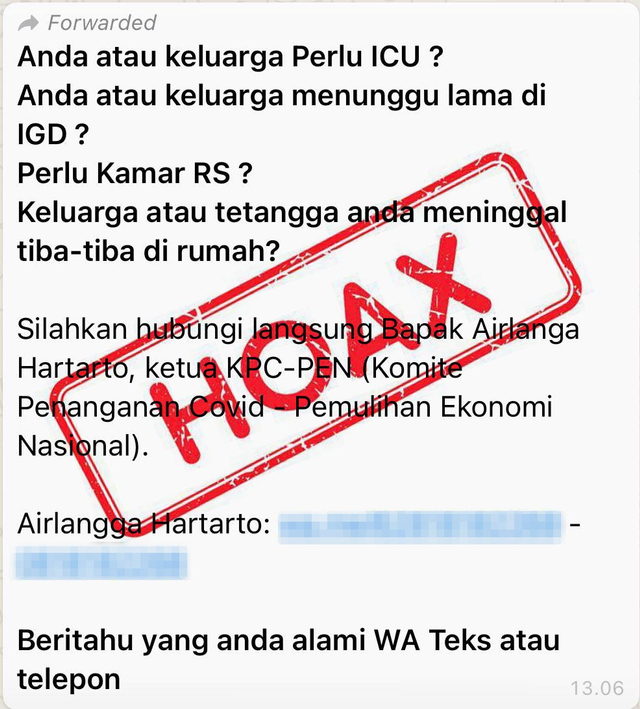 Pesan hoaks pasien COVID-19 bisa minta tolong Ketua KPCPEN Airlangga Hartarto. Foto: Dok. Istimewa