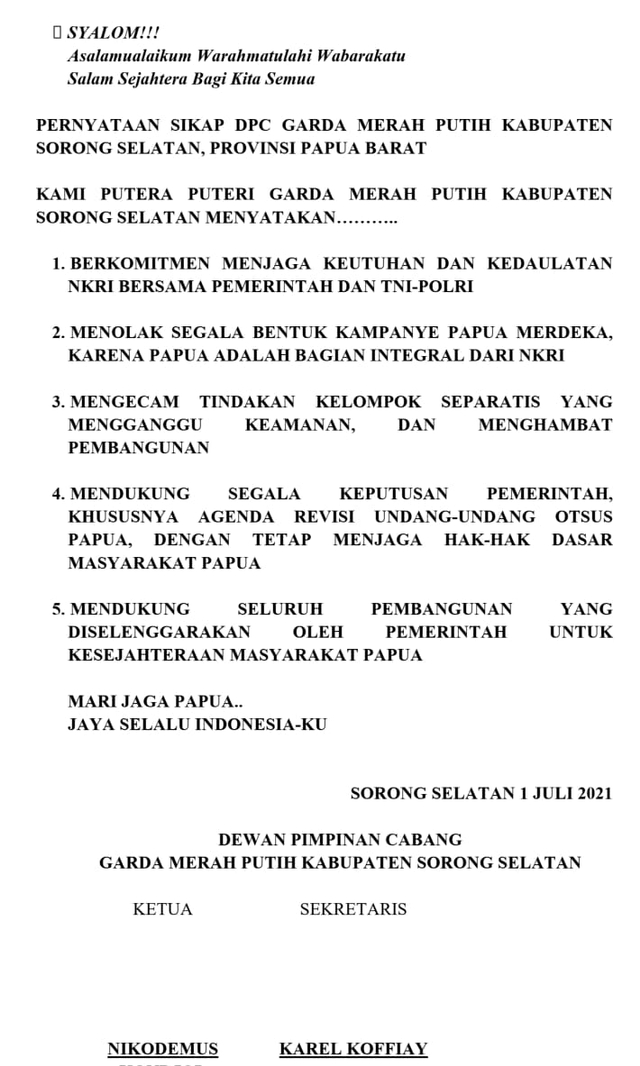 Garda Merah Putih Sorong Selatan Deklarasi Menolak Kampanye Papua Merdeka (104281)
