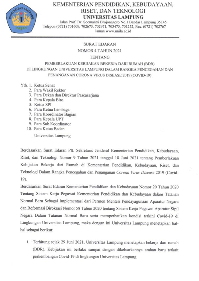 Sejumlah Dosen dan Tendik Terpapar COVID-19, Unila Berlakukan WFH (2)