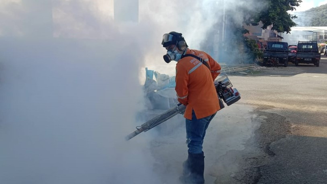 Petugas Dinas Kesehatan Kabupaten Mamuju melakukan fogging untuk mencegah perkembangbiakan nyamuk Aedes aegypti yang menyebabkan demam berdarah. Foto: Awal Dion/SulbarKini