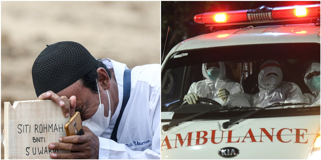 Warga menangis di atas nisan TPU Rorotan, Cilincing, Jakarta Utara, 28/6/2021 (kiri). Ambulans bersiap memasuki Rumah Sakit Darurat COVID-19 Wisma Atlet Kemayoran, Jakarta, 14/6/2021 (kanan). Foto: M RISYAL HIDAYAT/ANTARA FOTO