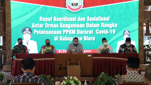 Rapat Koordinasi dan Sosialisasi antar Ormas Keagamaan Dalam Rangka Pelaksanaan PPKM Darurat COVID-19 di Kabupaten Blolra. Sabtu (03/07/2021) (foto: istimewa)