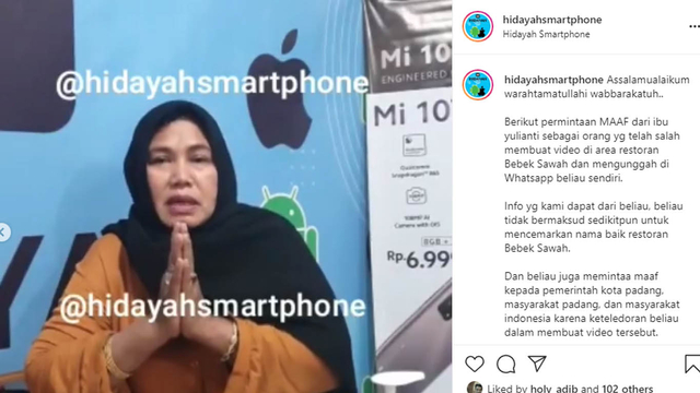 Emak-emak viral yang mengomentari kerumunan yang ada di Restoran Bebek Sawah di Padang, Sumatera Barat, menyampaikan permohonan maaf melalui akun instagram @hidayahsmartphone