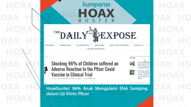 Hoaxbuster: 86% Anak Mengalami Efek Samping dalam Uji Klinis Pfizer . Foto: Daily Expose