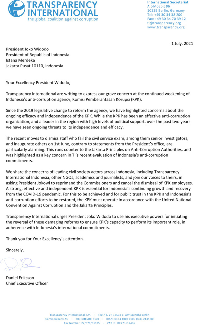 Transparency International Surati Jokowi: Batalkan Pemecatan Pegawai KPK (130150)