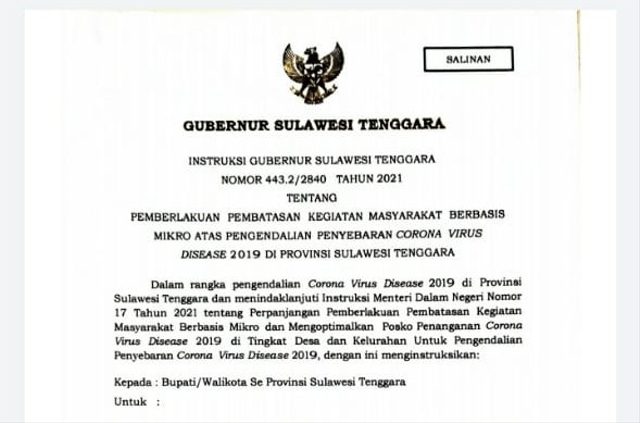 Instruksi Gubernur Sulawesi Tenggara terkait pelaksanaan PPKM Mikro. Foto: Tangkapan layar SE Gubernur Sultra.