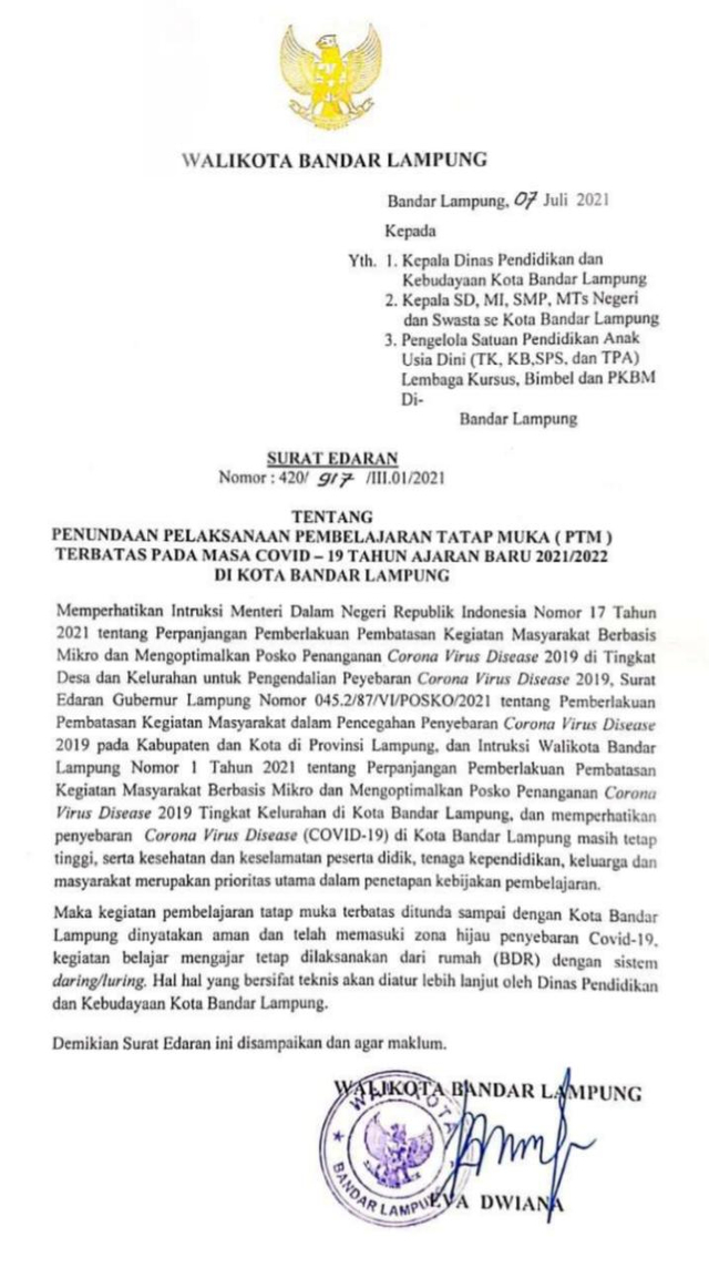 PPKM Mikro di Bandar Lampung: KBM Tatap Muka Ditunda (416260)