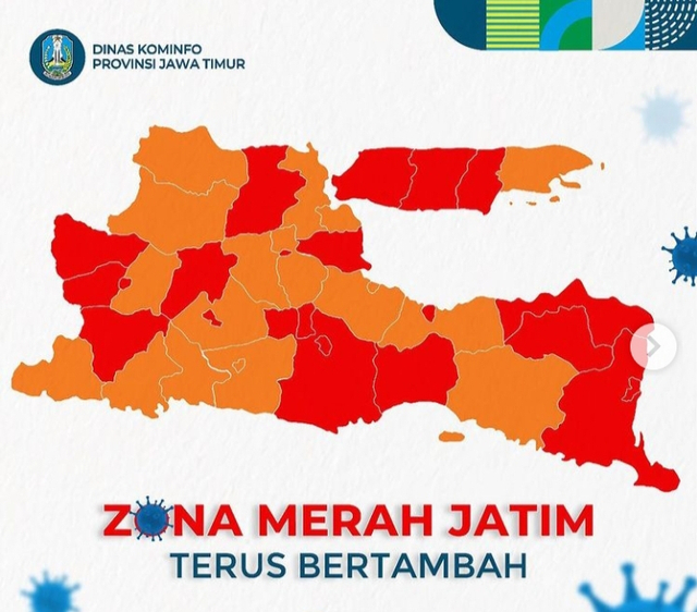 Sebaran kota/kabupaten zona merah di Jatim. Sumber foto: Diskominfo Jatim