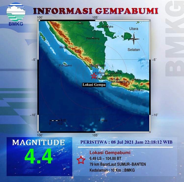 Gempa bumi berkekuatan 4.4 M di Selat Sunda, Kamis malam (8/7/2021) | Foto: BMKG Lampung