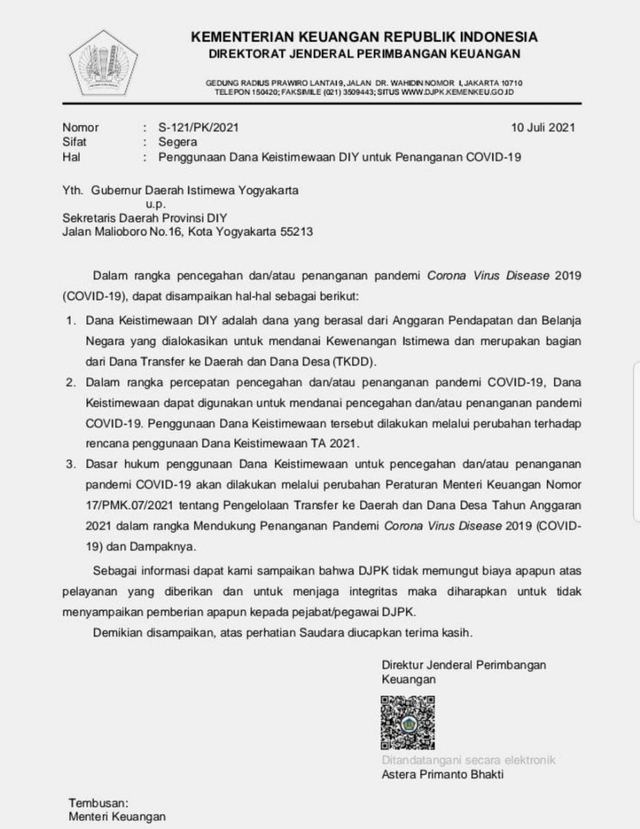 Surat izin Kemenkeu kepada Pemerintah Daerah Istimewa Yogyakarta untuk memanfaatkan Dana Keistimewaan. Foto: Dok. Istimewa