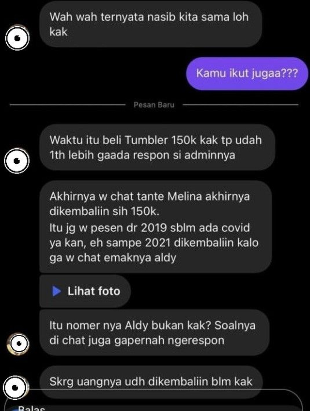 Seorang warganet yang merasa tertipu saat membeli tumblr ke manajemen Aldy Maldini. Foto: Twitter
