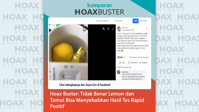 Hoax Buster: Tidak Benar Lemon dan Tomat Bisa Menyebabkan Hasil Tes Rapid Positif. Foto: Facebook