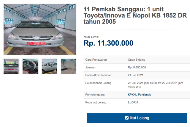 12 Unit Toyota Innova Dilelang Negara, Harga Dibuka Mulai dari Rp 11 Jutaan (30131)