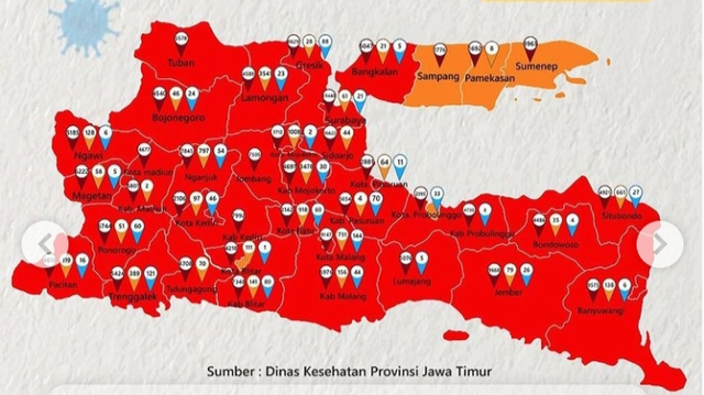 33 kota/kabupaten di Jatim yang jadi zona merah COVID-19. Sumber foto: Diskominfo Jatim