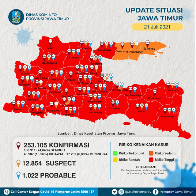 Peta sebaran COVID-19 di Jawa Timur per tanggal 21 Juni 2021.