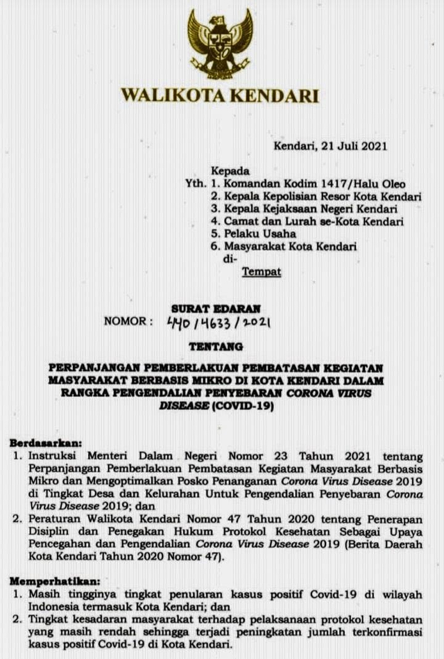 SE Wali Kota Kendari terkait perpanjangan PPKM Mikro. Foto: Tangkapan layar.