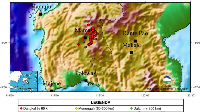 Sebaran pusat gempa yang terjadi di Mamasa selama periode 5-21 Juli 2021. Foto: Dok. Daryono/BMKG