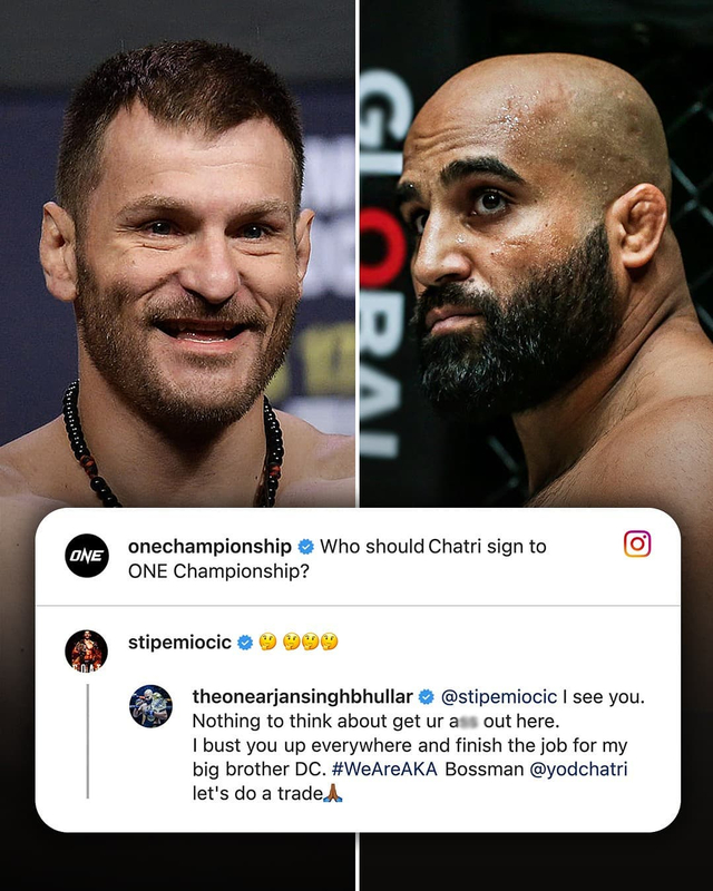 Stipe Miocic, Mantan Juara Dunia UFC, dan Arjan Bhullar, Juara Dunia ONE Championship, saling menimpali komentar di Instagram. Bhullar pun menantang Miocic untuk berlaga. Foto: Instagram Arjan Bhullar. 