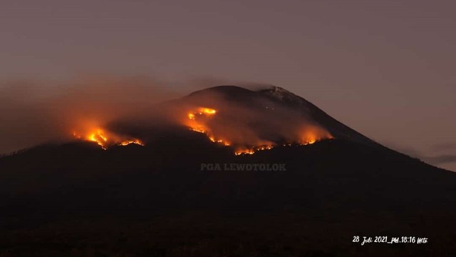 Lontaran lava pijar erupsi Gunung Ile Lewotolok yang sebabkan kebakaran hutan dan lahan. Foto: BNPB