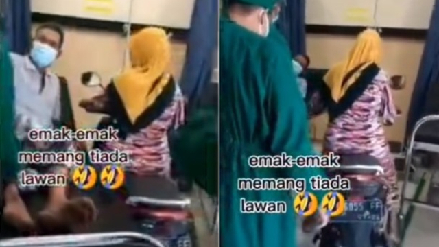 Viral momen kocak seorang emak-emak diduga di Situbondo, Jawa Timur, bawa pasien sampai masuk ke ruang IGD rumah sakit pakai sepeda motor. (Foto: Instagram/@undercover.id)