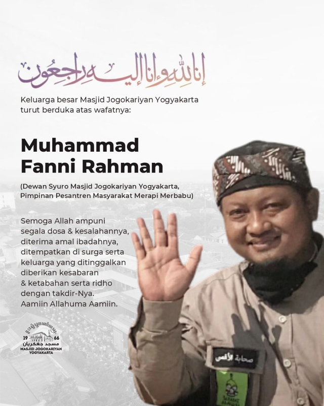 Dewan Syuro Masjid Jogokariyan Yogyakarta, Muhammad Fanni Rahman, meninggal dunia.  Foto: Twitter/@jogokariyan
