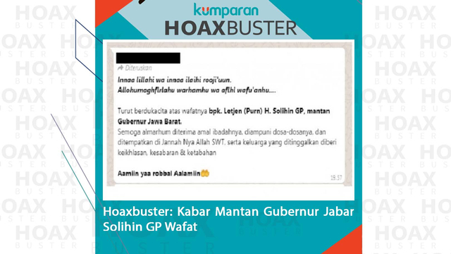 Hoaxbuster: Kabar Mantan Gubernur Jabar Solihin GP Wafat. Foto: Dok. Istimewa