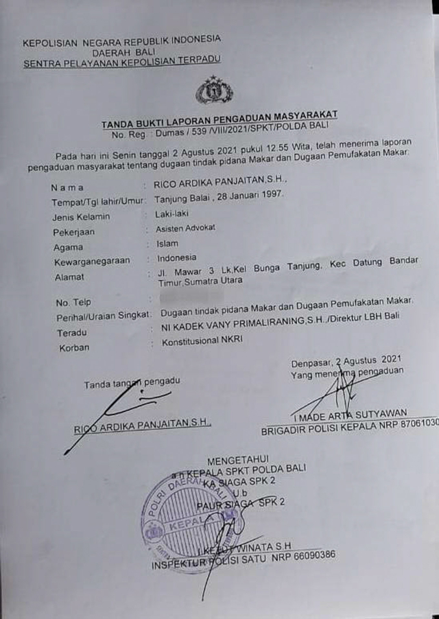 Dokumen LBH Bali dan AMP Bali diadukan ke Polda Bali. Foto: Dok. Istimewa