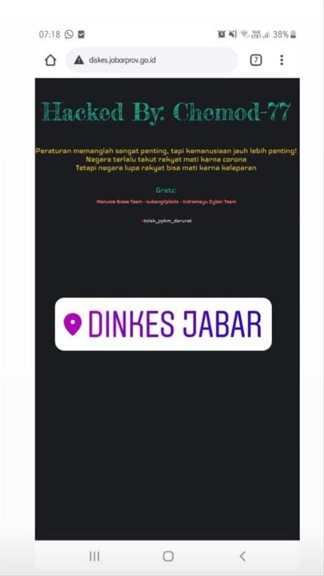 Laman resmi Dinkes Jabar dihack. Foto: Dok. Istimewa