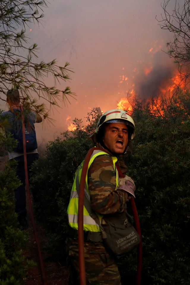 Petugas pemadam kebakaran mencoba memadamkan api di pinggiran Varimpompi utara Athena, Yunani, Selasa (3/8). Foto: Giorgos Moutafis/REUTERS