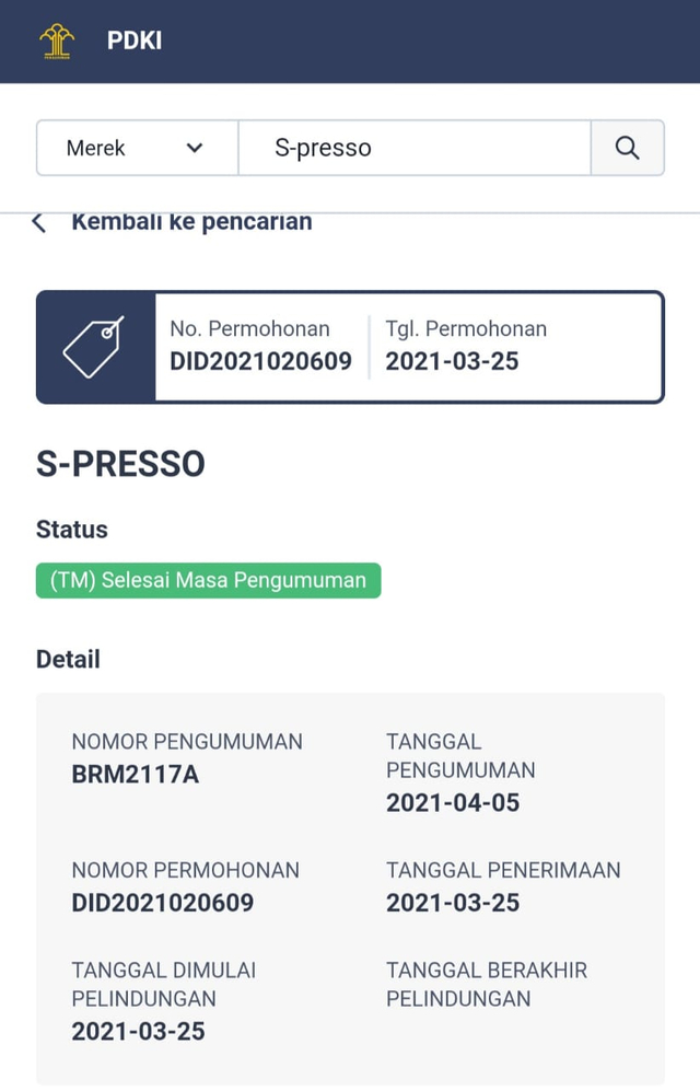 Nama Suzuki S-Presso Terdaftar di Pangkalan Data Kekayaan dan Intelektual Kemenkumham. Foto: dok. PDKI Kemenkumham