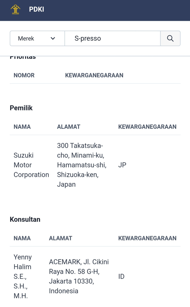 Nama Suzuki S-Presso Terdaftar di Pangkalan Data Kekayaan dan Intelektual Kemenkumham. Foto: dok. PDKI Kemenkumham