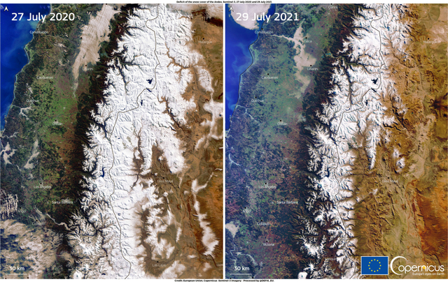 Defisit salju yang mempengaruhi pegunungan Andes di Amerika Selatan diambil 27 Juli 2020 dan 29 Juli 2021. Foto: DG DEFIS/Handout via REUTERS 