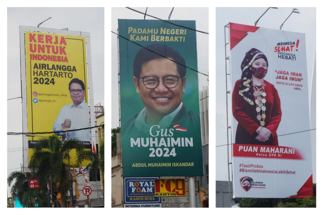 Baliho Airlangga Hartarto, Gus Muhaimin, dan Puan Maharani di Jalan Protokol Bandar Lampung, Jumat (6/8) | Foto : Sidik Aryono/Lampung Geh