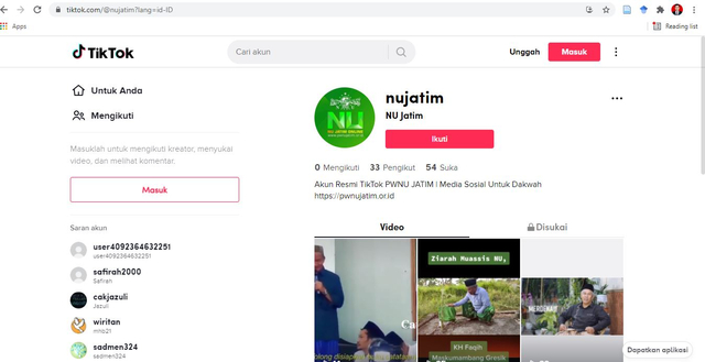 Akun TikTok Resmi NU Jatim (Dok/Rif)