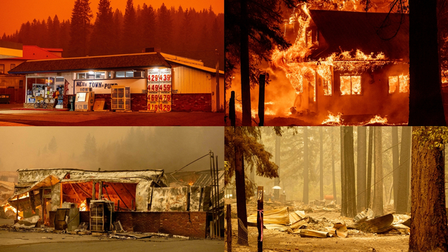 Kondisi bangunan sebelum dan sesudah terbakar selama kebakaran Dixie di Greenville, California. Foto: JOSH EDELSON/AFP