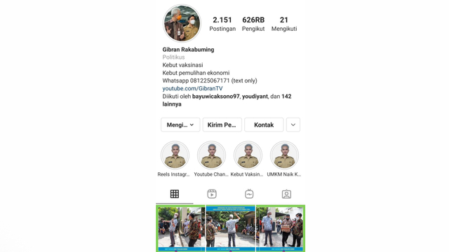 Tangkapan layar akun Instagram milik Gibran Rakabuming beberapa hari terakhir.