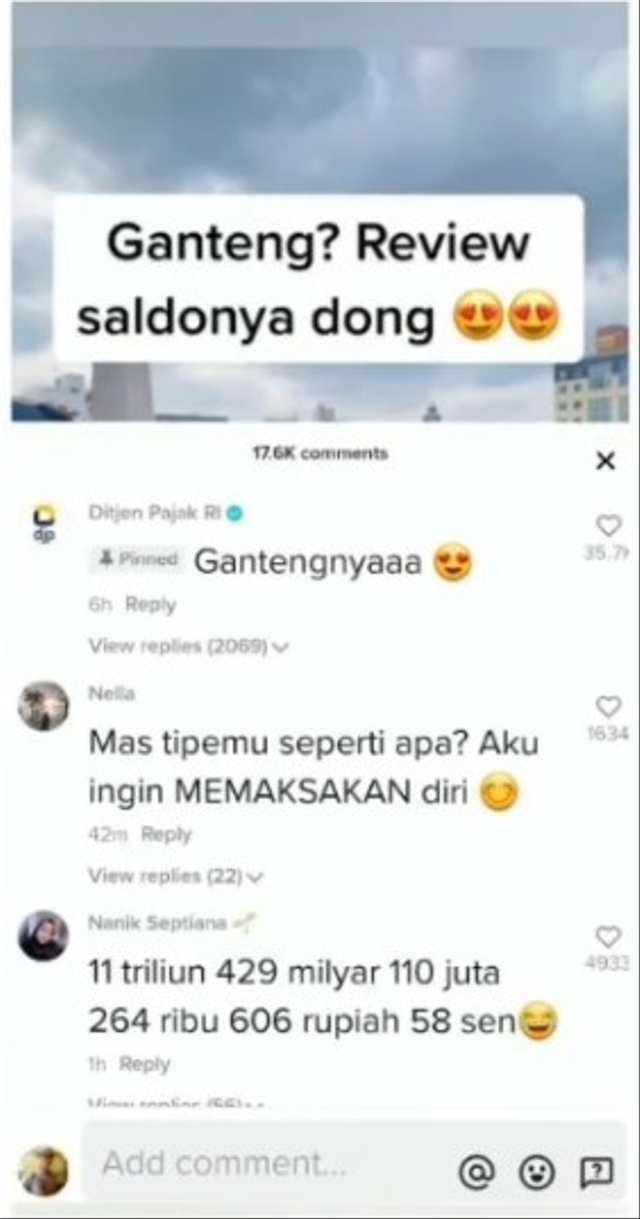 Viral tren baru di TikTok pamer saldo rekening langsung dikomentar oleh Ditjen Pajak RI. (Foto: Instagram/@lambe_turah)