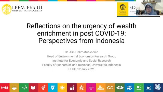 Alin Halimatussadiah (Kepala Kajian Ekonomi Lingkungan LPEM FEB UI) dalam Webinar dengan Topik "Reflections on the Urgency of Wealth Enrichment in Post-COVID-19 Era: Perspectives from Indonesia | Sumber: LPEM FEB UI