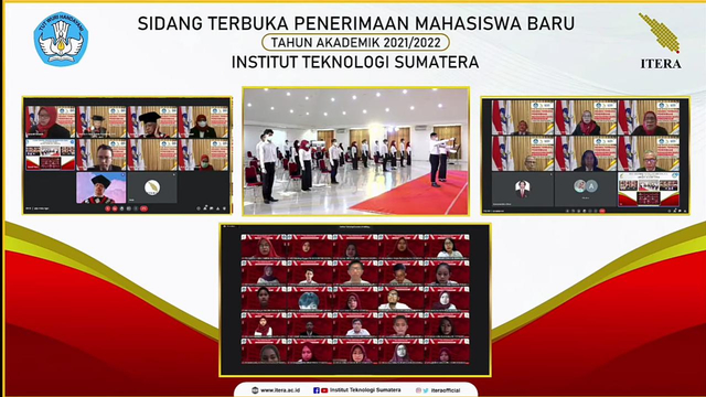 Pengukuhan mahasiswa baru Itera tahun akademik 2021/2022 secara daring yang disiarkan melalui akun YouTube resmi Itera, Senin (16/8) | Foto : Sidik Aryono/Lampung Geh