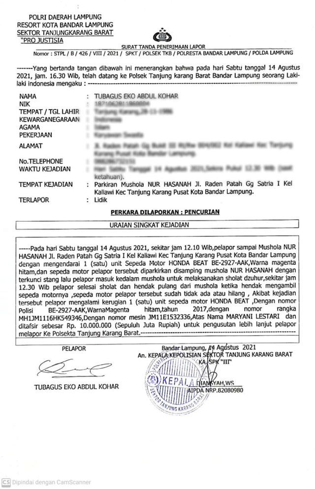 Sedang Salat, Motor Beat Dicuri Saat Terparkir di Halaman Musala Bandar Lampung (1)