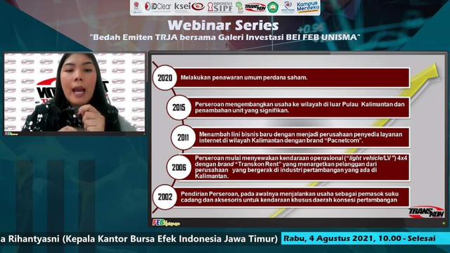 Head Investor Relation PT Transkon Jaya Tbk, Geraldine Simanjutak, dalam Webinar series FEB UNISMA. Foto: dok