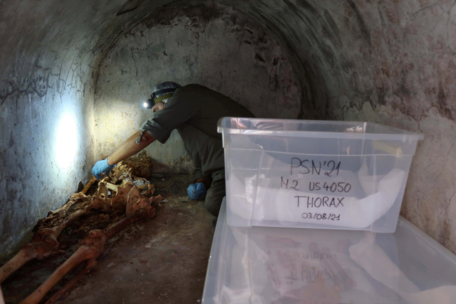 Seorang arkeolog bekerja di sebelah kerangka mumi di situs pemakaman di Pompeii, Italia. Foto: Parco Archeologico Pompei via Reuters