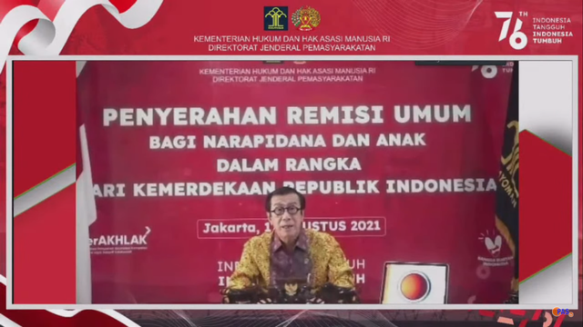 Sambutan Menteri Hukum dan HAM RI dalam Acara Penyerahan Remisi Umum. Foto : Youtube Humas Ditjenpas