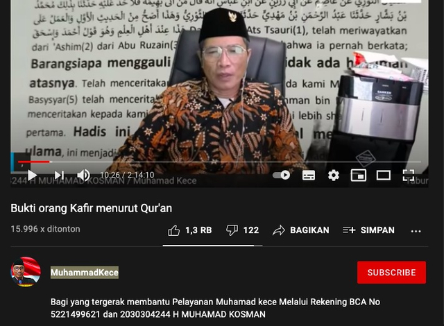 Akun Youtube Muhammad Kece mencantumkan nomor rekening atas nama H MUHAMAD KOSMAN. Foto: YouTube/MuhammadKece