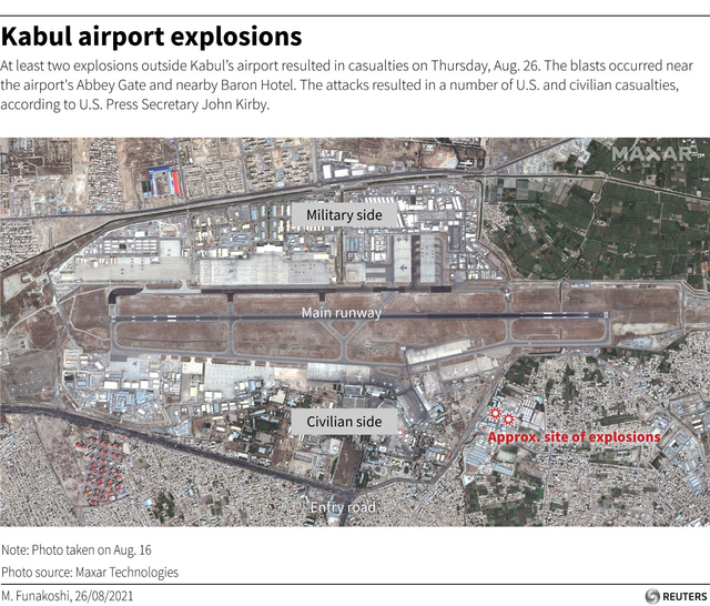 Denah lokasi ledakan di bandara Kabul. Foto: Twitter/@Reuters
