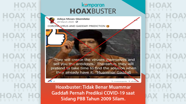 Hoaxbuster: Tidak Benar Moammar Khadafi Pernah Prediksi COVID-19 saat Sidang PBB Tahun 2009 Silam.
 Foto: Dok. Istimewa