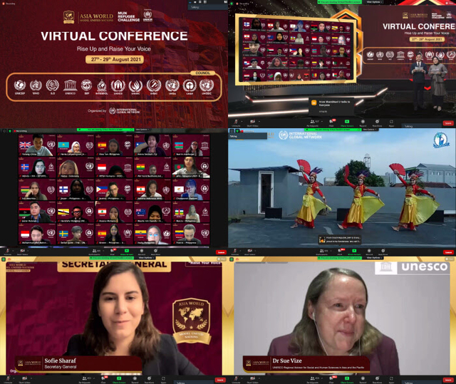 Maharsyalfath mengikuti Pembukaan Asia World Model United Nations (AWMUN) Virtual Conference 2021. Sambutan oleh Sekretaris Jenderal AWMUN, Shofie Saraf (kiri-bawah) dan Dr. Sue Vize, Penasihat Regional UNESCO untuk Ilmu Sosial dan Humaniora di Asia Pasifik (kanan-bawah). Foto: tangkap layar Konferensi Virtual AWMUN 2021.
