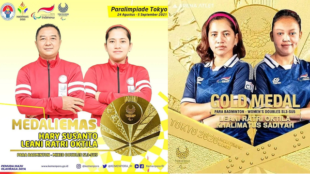 PEBULU TANGKIS Indonesia asal Siabu, Salo, Kabupaten Kampar, Riau, Leani Ratri Oktila, meraih 2 medali emas dan 1 perak di ajang Paralimpiade Tokyo 2021. 